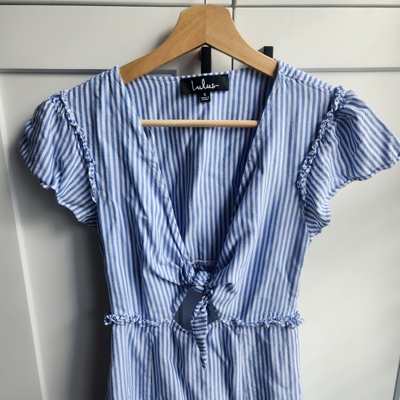 Lulus Seaport Blue White Stripe Tie Front Mini Dress Small - Picture 6 of 12
